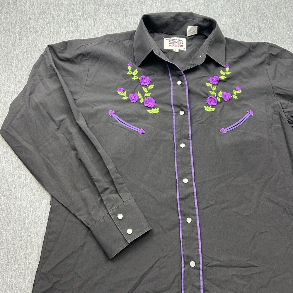 Ely Country Charmers Pearl Snap Long Sleeve Shirt Womens Large Black Western